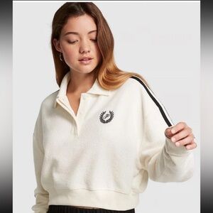 🐸 PINK Victoria's Secret fleece cropped Cream Polo Sweatshirt